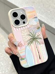 Fashionable Personalized Vacation Style Minimalist Phone Case With Surfboard, Palm Tree And Turtle Striped Pattern Design, Compatible With IPhone 17/17Pro/17ProMax/16/16Pro/16ProMax/15/15Pro/15ProMax/14/13/12/11, Suitable As Birthday, Holiday Gift For Friends, Family Or Couples - Multicolor - View 3