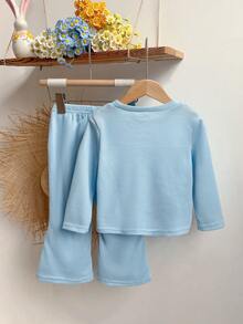 Girls Early Autumn Light Blue Waffle Knit Top With 3D Mesh Flower Decor, Round Neck Long Sleeve, Matching Loose Flared Pants, Suitable For Daily, Outdoor, School, Commute, Vacation, Fresh And Gentle Style - Baby Blue - View 2