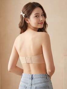 Strapless Minimalist Lace Push-Up Bra, Solid Color Women's Backless Wireless Bra, Sweet Teen Style Lift Support Ultra Thick Cup Lingerie [For Flat Chest] - Apricot - View 5