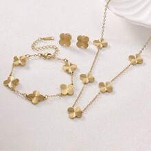 1 Set Premium Fashion Handmade Polished Stainless Steel Four-Leaf Clover Necklace, Bracelet, Earring Set For Women Daily Wear Jewelry - Yellow Gold - View 10