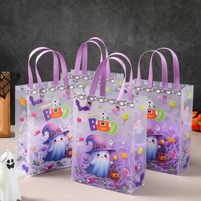 Tas Kado Transparan Berkilau Halloween Baru dengan Pegangan, Tas Permen Halloween Transparan dengan Pegangan, Kartun Hantu Kucing , Suvenir Pesta, Mainan Squishy, Mainan Anak-Anak Halloween