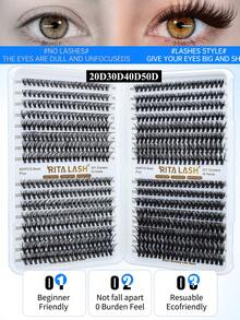 RITALASH RITA 2560/640pcs Single Cluster False Eyelash Extension Set 10D+20D+30D+40D+50D+60D+80D Dense Lash Clusters With Lash Glue, Sealer And Tweezers 10-16mm 7-Style Mixed Lash Cluster Set - Black - View 6