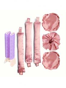 5Pcs Heatless Curling Rod Set Matching Hair Clips And Scrunchies Soft Fabric No Heat Damage Big Wave Overnight Hair Styling Tools For Sleeping Daily Hairstyle - Multicolor - View 7