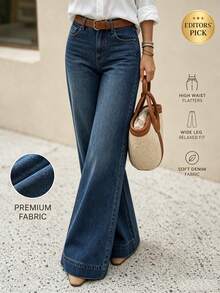 Women's Casual Wide Leg Denim Jeans With Button Detail, Long Length, And Slight Stretch Fabric, Perfect For Spring Outfits And Everyday Comfort - Medium Wash - View 1