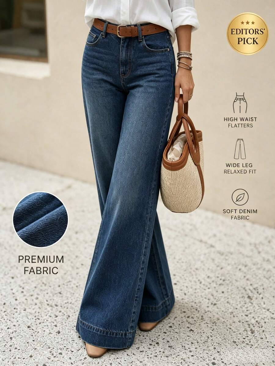 Women's Casual Wide Leg Denim Jeans With Button Detail, Long Length, And Slight Stretch Fabric, Perfect For Spring Outfits And Everyday Comfort - Medium Wash - View 1