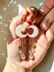 1 par de pendientes colgantes con borlas de luna creciente y estrella, imitación de ópalo, pendientes de gota de agua para mujer, accesorios de joyería boho para boda y fiesta, regalo - pendientes - Ver 7