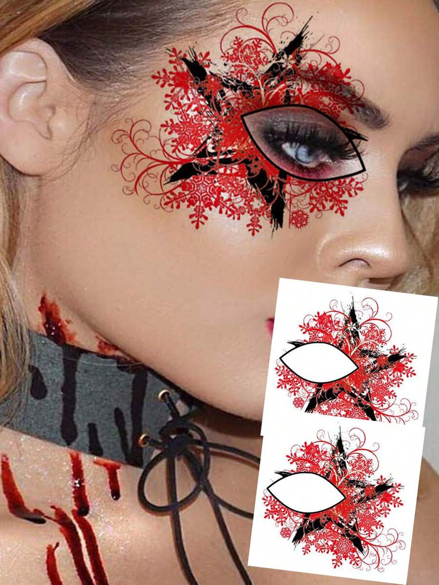 Tattoo Stickers, 2 Sheets/Set, Halloween Red & Black Floral Star Pattern Face Temporary Tattoos, Body Art Design, Gothic Style Halloween Cosplay Decorative Stickers, Easy To Apply And Remove