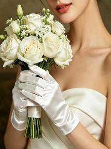 1 Pair Women's Elegant Short Gloves With Rhinestones, Mesh, Lace Trim And Bow Accent - White - View 16