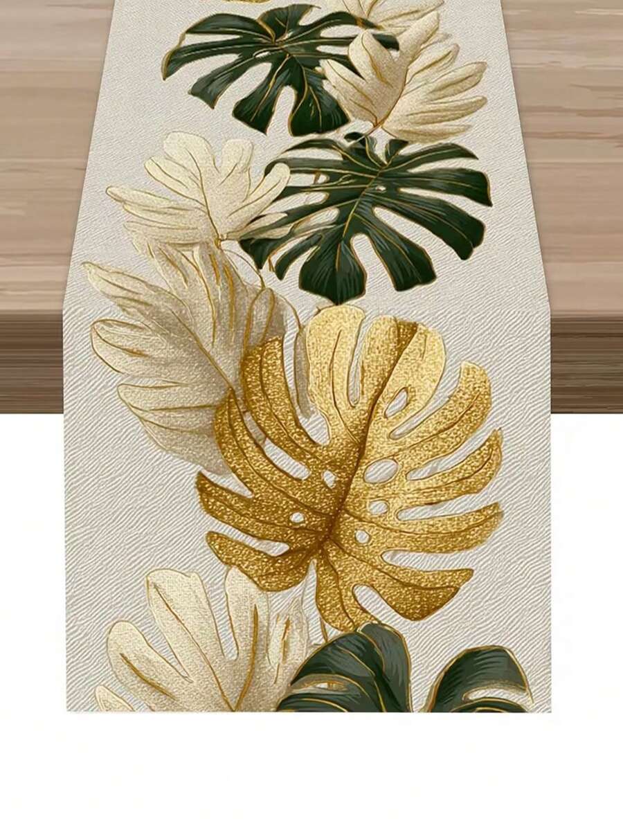 1pc Elegant Gold Tropical Monstera Leaf Print Table Runner, Summer New Modern Luxury Style Polyester Printed Long Tablecloth, Original Design Exquisite Texture, Rectangular Dining Table Decor Cloth, Home Decoration - Gold - View 1
