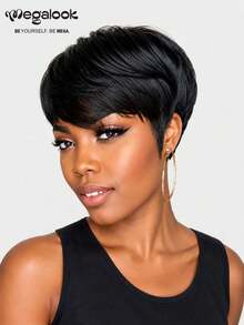MEGALOOK 6 Inch Silky Straight Short Wig With Bangs Natural Color 100% Human Hair Wigs Machine-Made Short Curly Wig Glueless Virgin Human Hair Curly Wig Bangs Wig Natural Looking - SNatural - View 1