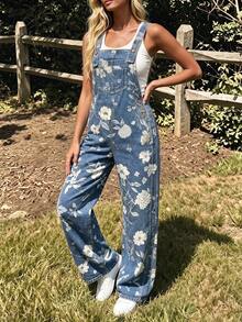 Women's Denim Effect Sleeveless Long Overalls, Casual Versatile, Non-Stretch, With Button Details - Medium Wash - View 1