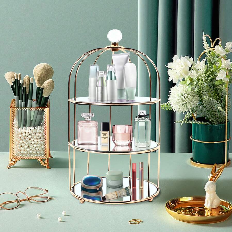 OUKANING Gold 3-Tier Birdcage Makeup Organizer Tray, Iron Crystal Half Open Cosmetic Jewelry Storage Display Rack For Dresser Tabletop Decor - Gold - View 1