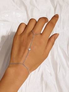 SereneSpark 1pc S925 Sterling Silver North Star CZ Hand Chain Dainty Hand Harness Finger Bracelet Stackable Hand Jewelry Wedding Birthday Gift For Women - Silver - View 3