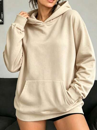 Sudadera con capucha holgada y lisa para mujer, básica de manga larga con bolsillo, estilo minimalista y casual, top de sudadera de color neutro para uso diario