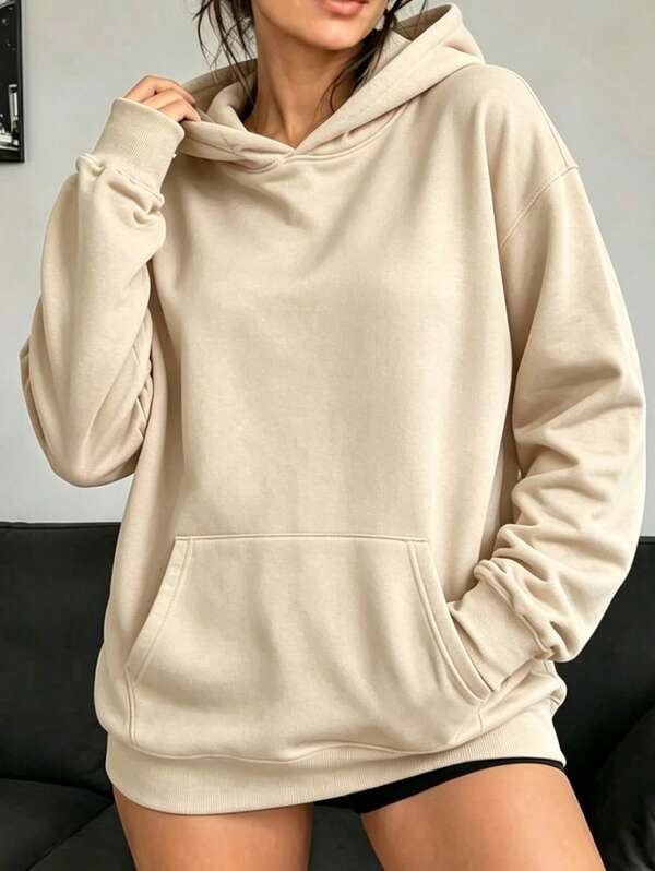 Casual Plain Loose Fit Hooded Sweatshirt Women Basic Long Sleeve Pocket Hoodie Minimalist Lazy Daily Outfit Neutral Color Sweat Top