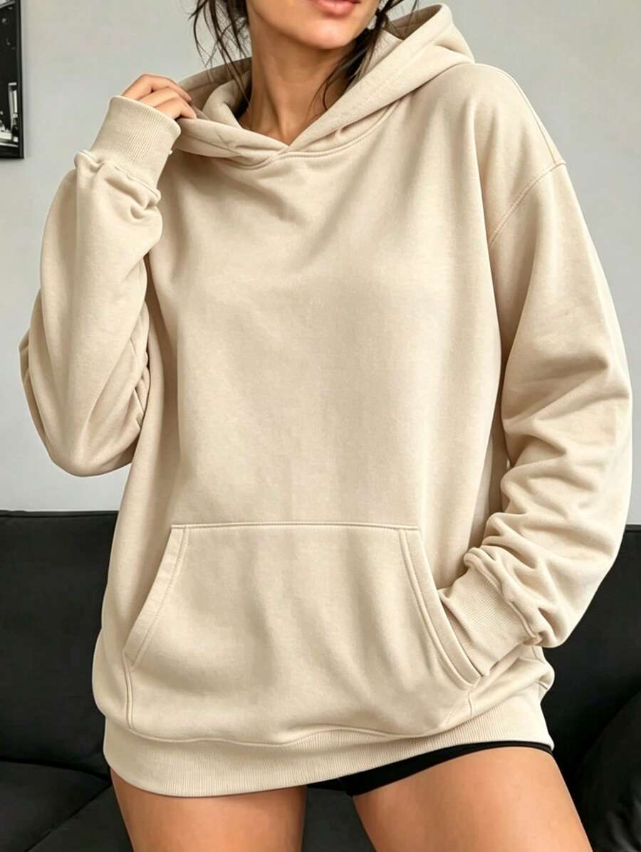 Casual Plain Loose Fit Hooded Sweatshirt Women Basic Long Sleeve Pocket Hoodie Minimalist Lazy Daily Outfit Neutral Color Sweat Top - Apricot - View 1