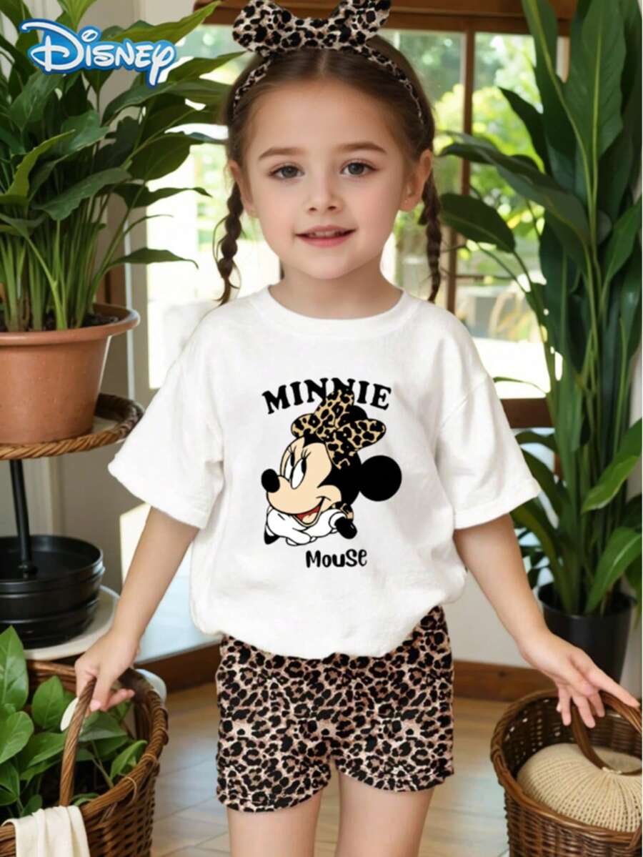 Disney 米奇鼠女嬰字母印花短袖 T 恤與短褲套裝,可愛夏季穿搭;女嬰休閒度假豹紋印花鬆緊腰短褲,戶外服飾 - 白色 - 查看 1