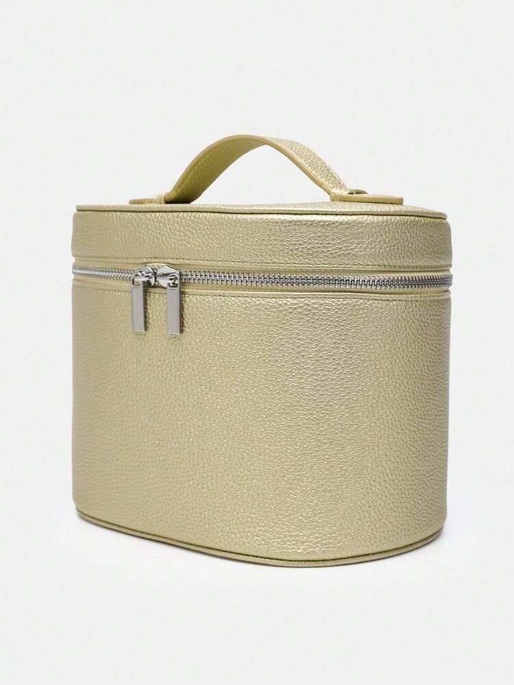 New Gold Textured Makeup Bag, Large Capacity Portable Travel Essential, Fashionable Versatile, Exquisite Metal Zipper, Durable Leather Material, Single Handle, Convenient To Carry, Super Practical, Dual Zipper Design, Minimalist Travel Essential, Travel Accessory, Travel Essential, Back To School Supplies, PU Leather - Gold - View 4