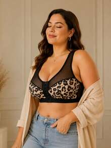 1pc Plus Size Wireless Bra, Wide Strap Easy On/Off Design, Front Closure, Sexy Leopard Print Lace Decor - Black - View 2
