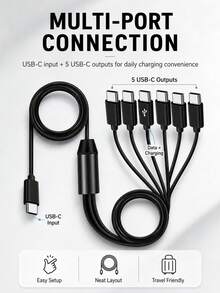 1-To-6 USB-C Multi-Device Charging Cable, 6-Head Splitter Cord With 1 Data Sync Connector And 5 Charging Connectors, Black - Black - View 6