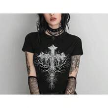 Camiseta ajustada con cruz gótica Y2K, camiseta emo punk grunge, camiseta gráfica gótica pastel de estilo brujo, ropa gótica alternativa, regalo gótico para ella. - Negro - Ver 4