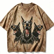2026 New Arrival Summer Unisex Cerberus Doberman Graphic T-Shirt,Sleeve Tee, Gothic Three-Headed Dog Print Oversized Top For Streetwear - 卡其色 - 查看 12