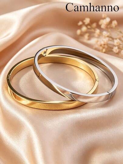 Camhanno 2pcs/1pc Extremely Simple Plain Stainless Steel Plated 18K Gold Bracelet With Glossy Polished Opening, Light Luxury Daily Versatile Women's Bracelet