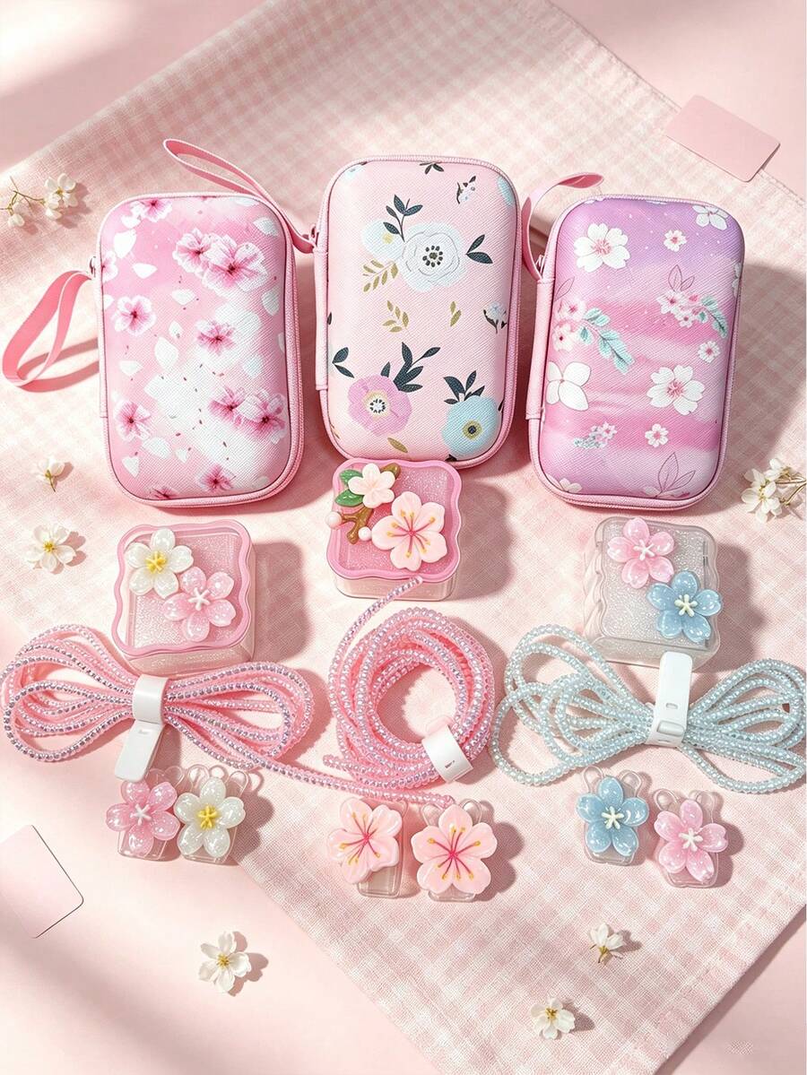 6pcs Sakura Floral Digital Storage Set | EVA Hard Shell Anti-Pressure Earphone & Data Cable Storage Bag, Cute Charger Case + Full Data Cable Protective Set, Suitable For Commuting & Travel - Multicolor - View 1