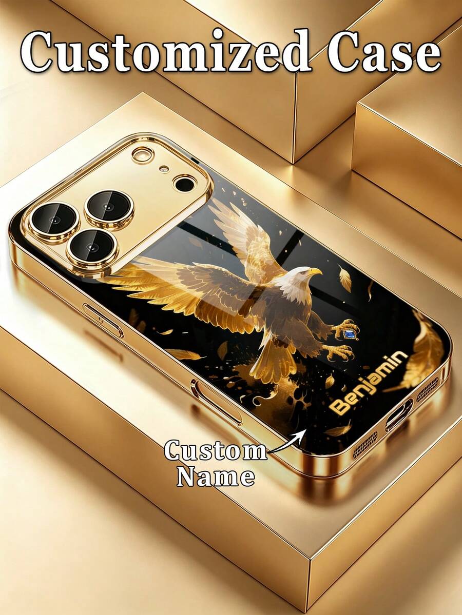 1 buah Casing Ponsel Kaca Tempered Berlapis Emas dengan Desain Elang Kristal Mewah dan Nama Kustom, Cocok untuk iPhone 17 Pro Max/Apple 16 Pro Max/15/14 Plus/13 Pro/12 Pro Max/11/Xs Max/8/7/6 Plus - Emas - View 1