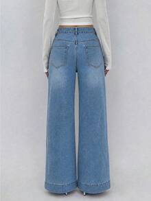 Celana Jeans Wanita Ukuran Besar Kasual Serbaguna Model Lurus dengan Kantong, Celana Denim Biru Muda Pudar, Celana Jeans Denim Elegan Sederhana untuk Musim Gugur - Light Wash - View 3