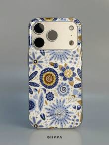 GIIPPA 1pc Blue & Gold Hand-Painted Folk Floral Pattern Design, Phone 17 Pro Max Phone Case, Compatible With Phone 16 Pro Max, 15 Pro Max, 14 Pro Max, Korean-Style High-End Fashion & Fun Phone Case, Suitable For 11/12/13/14/15/16 Pro Max Plus, Elegant Design For Men & Women, Perfect Gift For Girlfriend On Christmas, Valentine's Day, Easter, Wedding Season And Birthday! - Multicolor - View 1