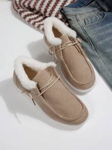 Women Corduroy Fleece Lined Ankle Boots, Warm Slip On Winter Casual Snow Booties With Plush Collar - Khaki - View 1