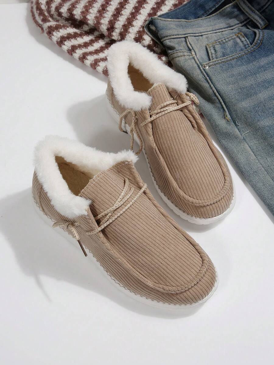 Women Corduroy Fleece Lined Ankle Boots, Warm Slip On Winter Casual Snow Booties With Plush Collar - Khaki - View 1