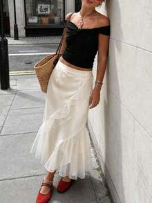 Elegant Skirt With Layered Ruffle Trim, Long Layered Design, Casual Versatile Autumn Women's Long Skirt - Champagne - View 4