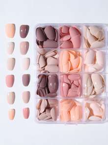 288 piezas/Set (12 colores surtidos) Uñas postizas ovaladas cortas, Uñas marrones, Uñas caqui, Set de uñas color té con leche, Puntas de uñas acrílicas color café cálido para otoño/invierno - Multicolor - Ver 3