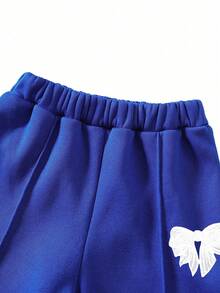 Young Girl Bow Pattern Print Baseball Collar Zip-Up Top And Pants - Blue - View 6