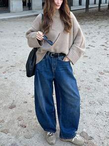 Sweater Pullover Leher Tinggi Rajut Bergaris untuk Wanita, Sweater Rajut Gaya Dasar Lengan Panjang, Elastisitas Sedang, Kasual Musim Gugur/Dingin, Warna Oatmeal Musim Gugur - Havermut - View 3