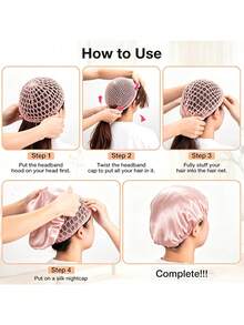 2-In-1 Woven Hair Net & Bonnet Set, Includes Detangling Brush, Satin Lined Curly Hair Sleep Cap, Anti-Frizz Overnight Hair Care Set - Pink - View 4