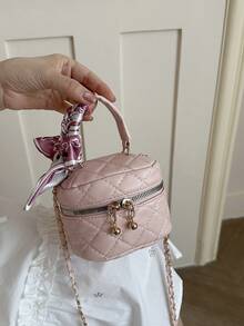 Pink Rhombus Chain Small Square Bag Mini Handheld Makeup Bag Versatile Crossbody Bag Heart Pendant Commuter Handbag - Pink - View 7