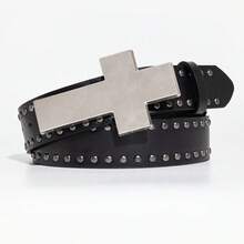 1pc Men's Black Y2K Punk Studded Star Buckle Casual Belt, Versatile Accessory For Jeans, Suitable For Daily Wear - Black - Cross - View 8
