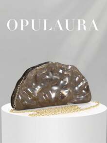 OpulAura 歐美時尚復古貝殼造型休閒紋理金屬色方型手拿包，不對稱設計手提包，磁吸開合，適合派對、婚禮、舞會、晚宴、女性生日派對及舞會聚會 - 咖啡 - 查看 2