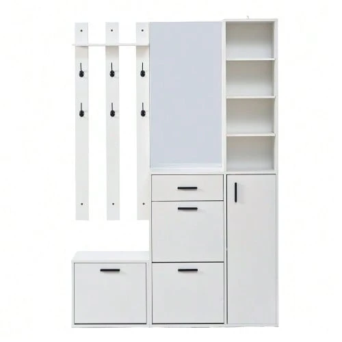 Hall Tree For Entryway, Including Shoe Cabinet, Mirror And Coat Hooks, Multifunctional Shoe Cabinet, Wall-Mounted Wardrobe With Shelves, For Hallway Entryway, White - White - View 1