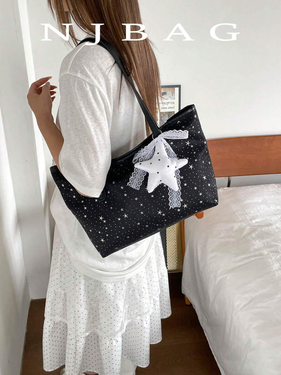 1件星形吊飾裝飾星形圖案聚酯纖維大容量拉鍊時尚單肩包，適合女性日常使用