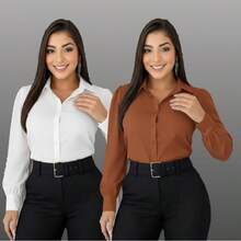 2-Piece Set Of Women's Fashion  Formal Shirts, One In Each Color - KIT 2 SHIRT ONE COLOR CARAMEL aND WHITE - View 1