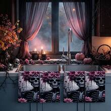 2/4/48pcs Halloween Series Pink Flower Skull Skeleton Pattern Printed Kitchen Towels - Ultra Soft, Highly Absorbent Polyester Dishcloths And Hand Towels, Perfect For Holiday Decor, Kitchen Decor, Party Decor - Multicolor - View 3