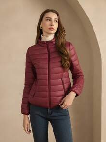 ZIAI Women's Lightweight Down Jacket, Solid Color Stand Collar, Winter - Burgundy - View 2