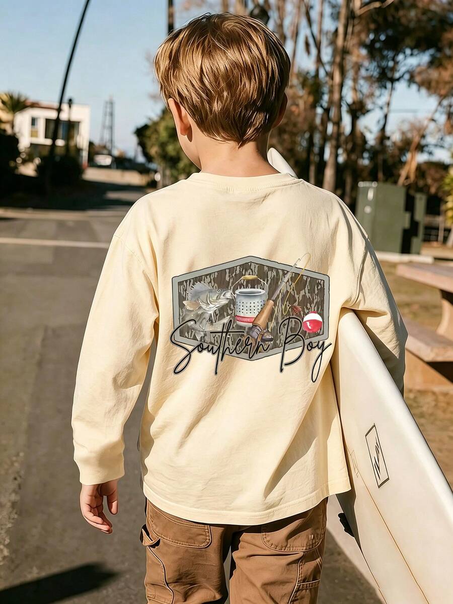 Tween Boy Casual Fun Print Crew Neck Pullover Long Sleeve T-Shirt, Autumn/Winter Top - Apricot - View 1