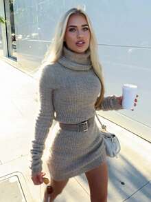 Fashion Women's Long Sleeve Ribbed Wool Knit Mini Dress, Slim Fit Turtleneck Sweater Dress, Suitable For Autumn Wear, Soft Elastic Warm Lining Style - Khaki - View 5