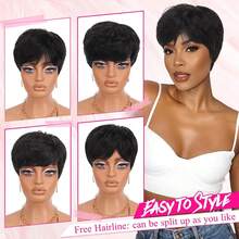 Peruca de Cabelo Humano 100% Brasileiro - Cabelo Curto de Elfo com Franja, Estilo Reto de 6 Polegadas. Densidade de 150%, Acompanha Touca de Malha Elástica, Respirável e Confortável. Adequada para Uso Diário. Peruca Feminina/Peruca Diária - Natural Black - Visão 6