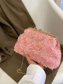 Dedoo 3D Rose Oval Hard Frame Clutch, Rhinestone Kiss Lock, Detachable Chain, Sweet Romantic Women's Handbag, Suitable For Bride Formal Occasions (Random Pattern) - Pink - View 5